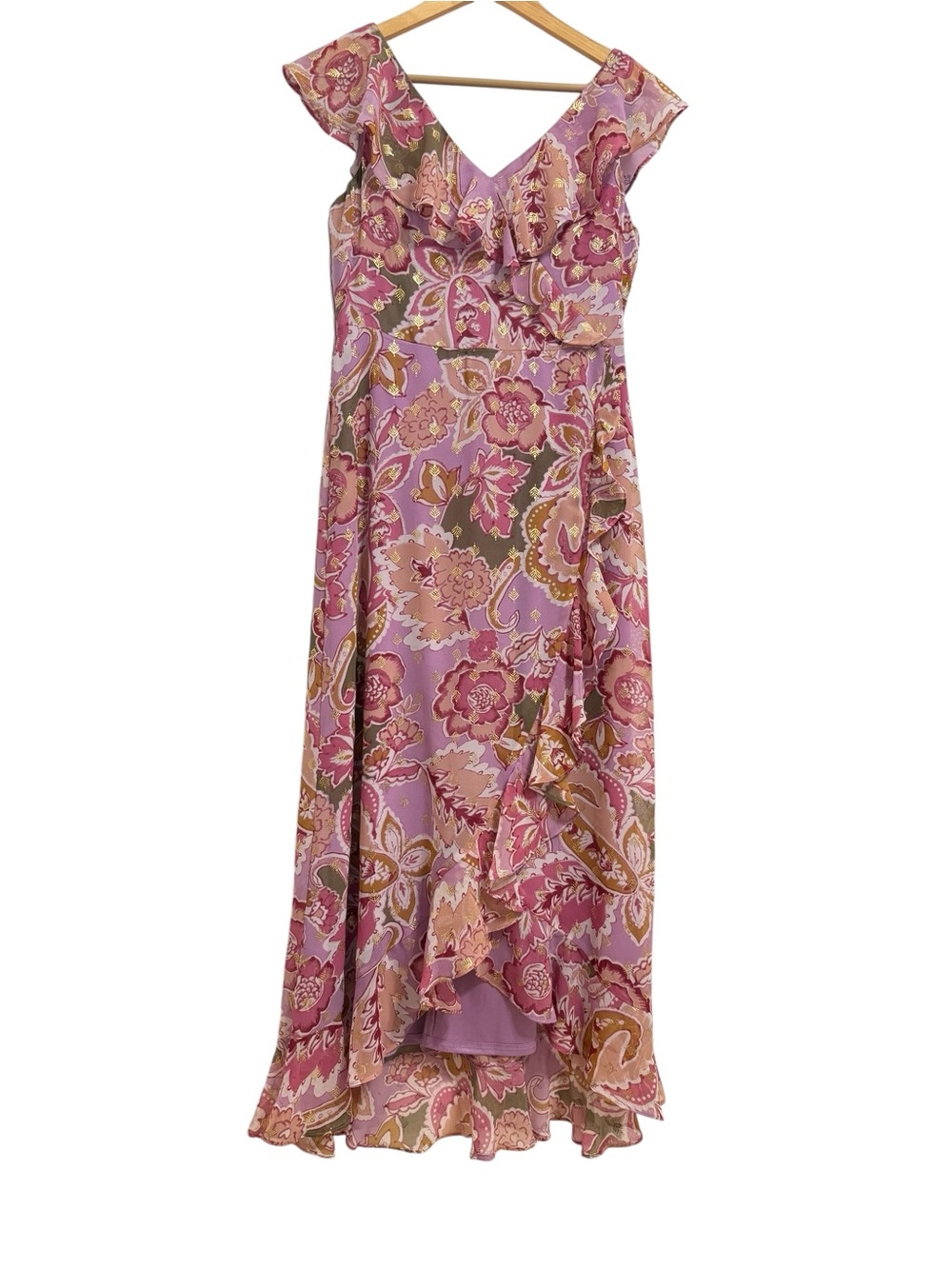Lavender-Pink Floral Maxi Dress with Gold Foil Detail Size 4 NWT